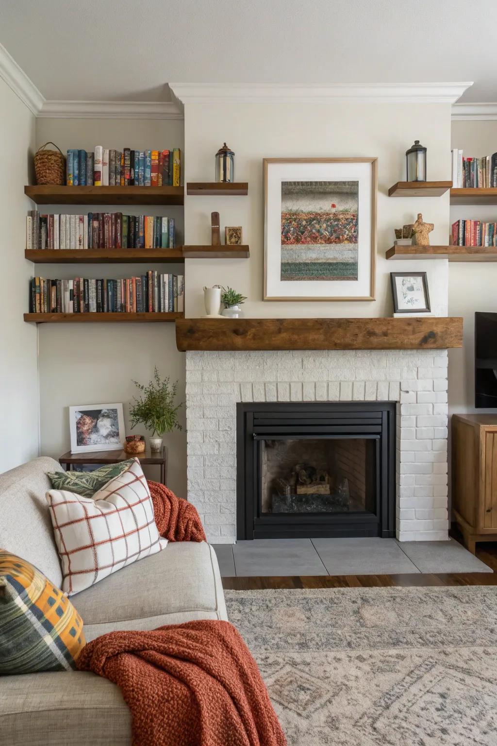 Floating shelves provide a light and airy display space.