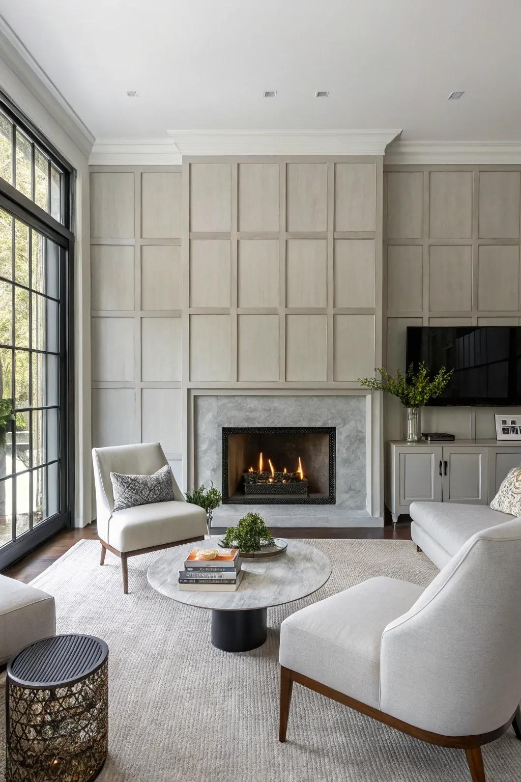 Picture a minimalist living room where the fireplace is sleek and surrounded by calming neutral shades.