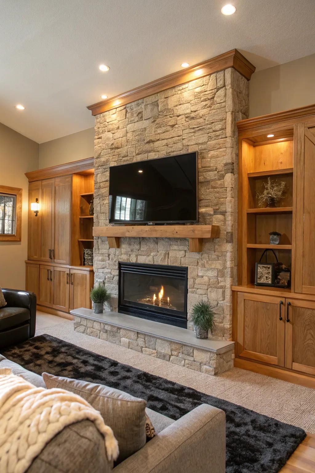 Find balance with an integrated TV and fireplace wall that offers a cohesive appearance. #HomeHarmony #LivingRoomGoals