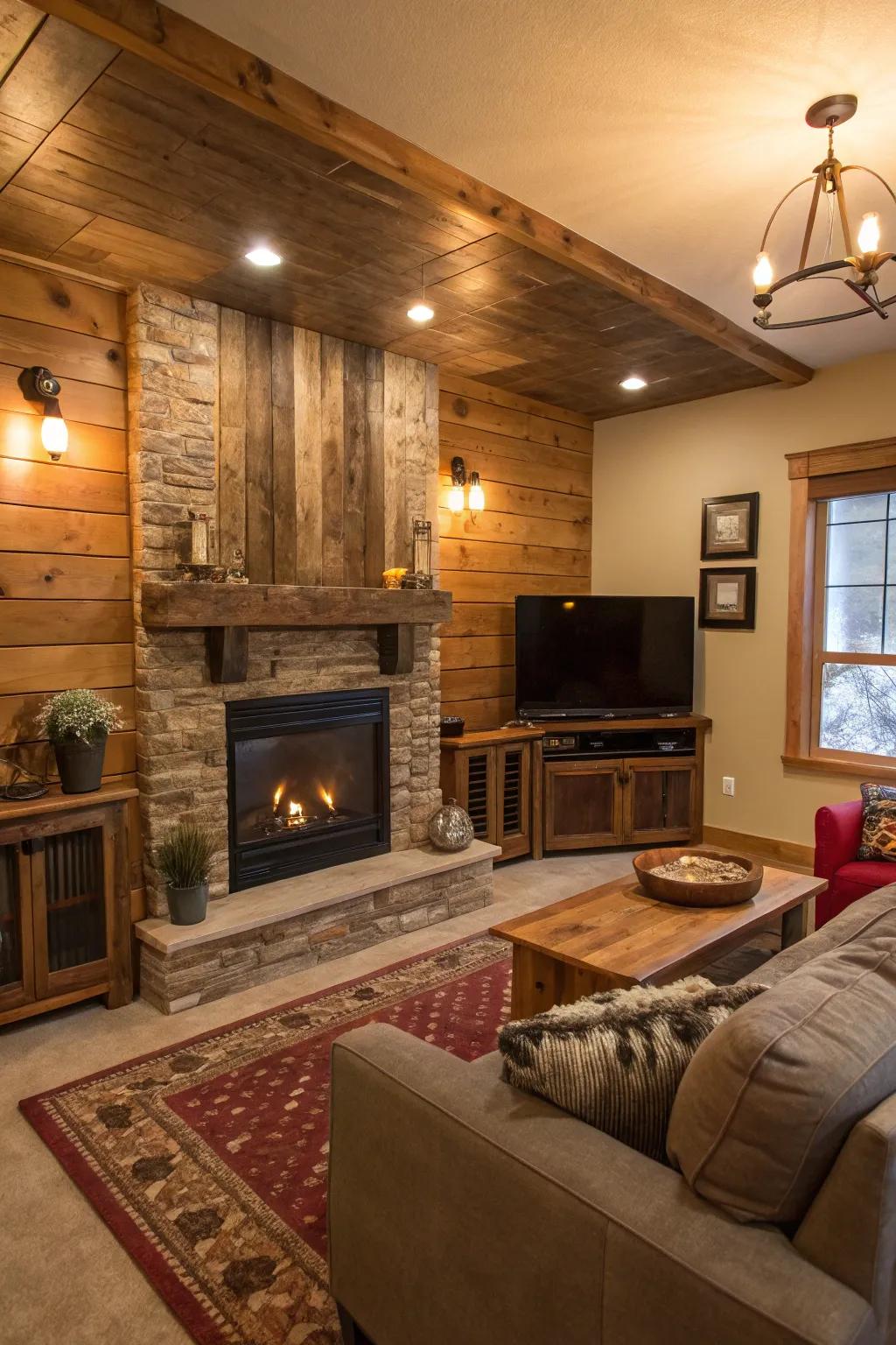 A comfortable family room featuring a wood-accented fireplace wall and TV.
