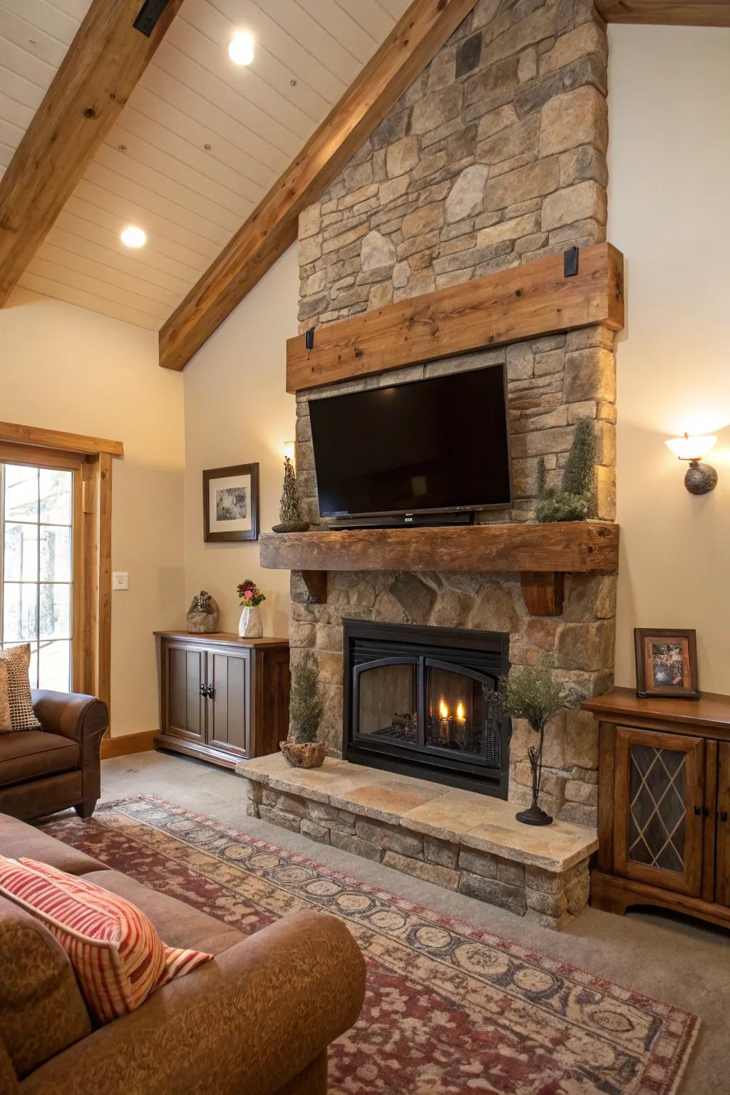 A countryside-inspired living room with a stone fireplace and TV, oozing coziness.