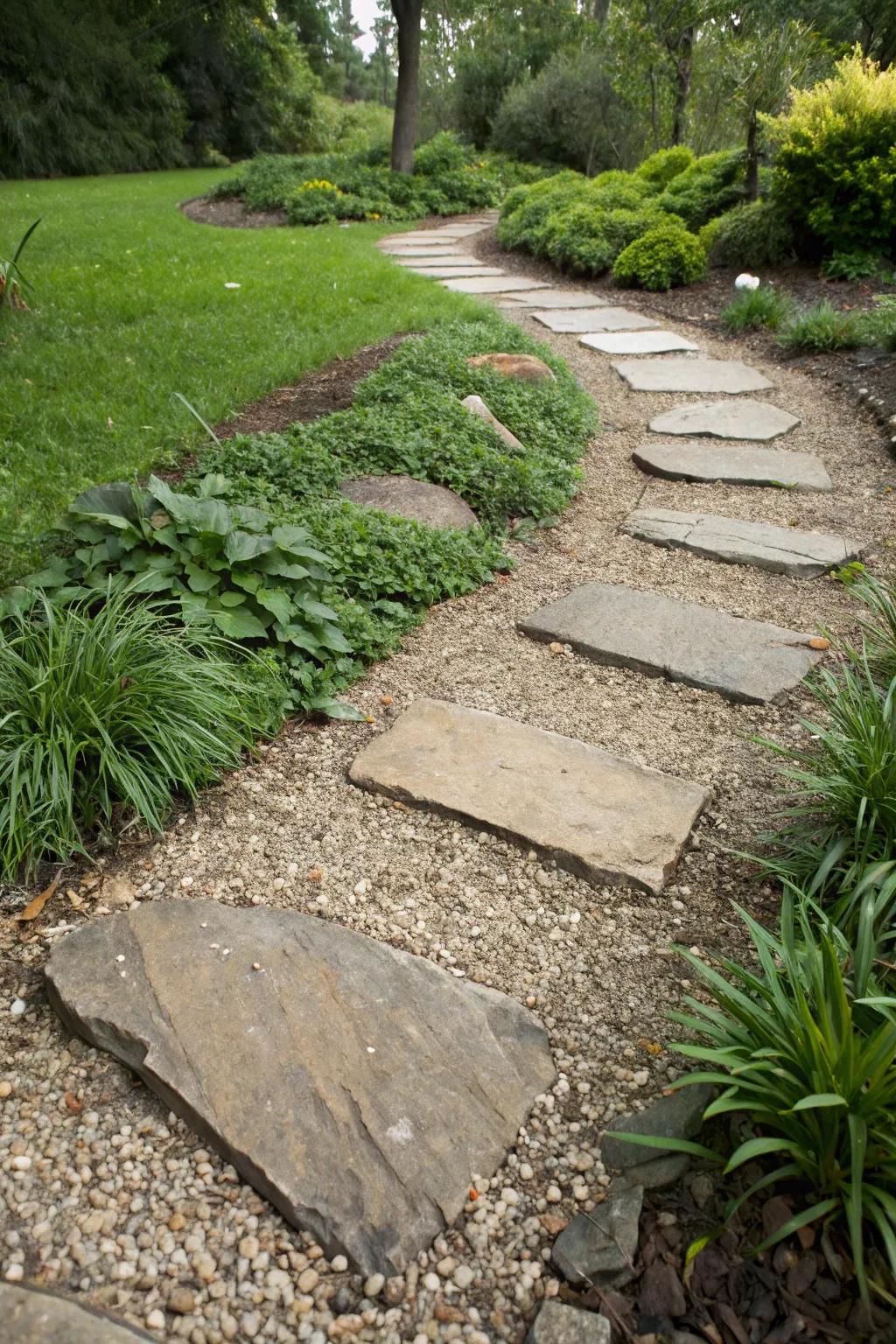 Flagstone stepping stones creating a whimsical garden path.