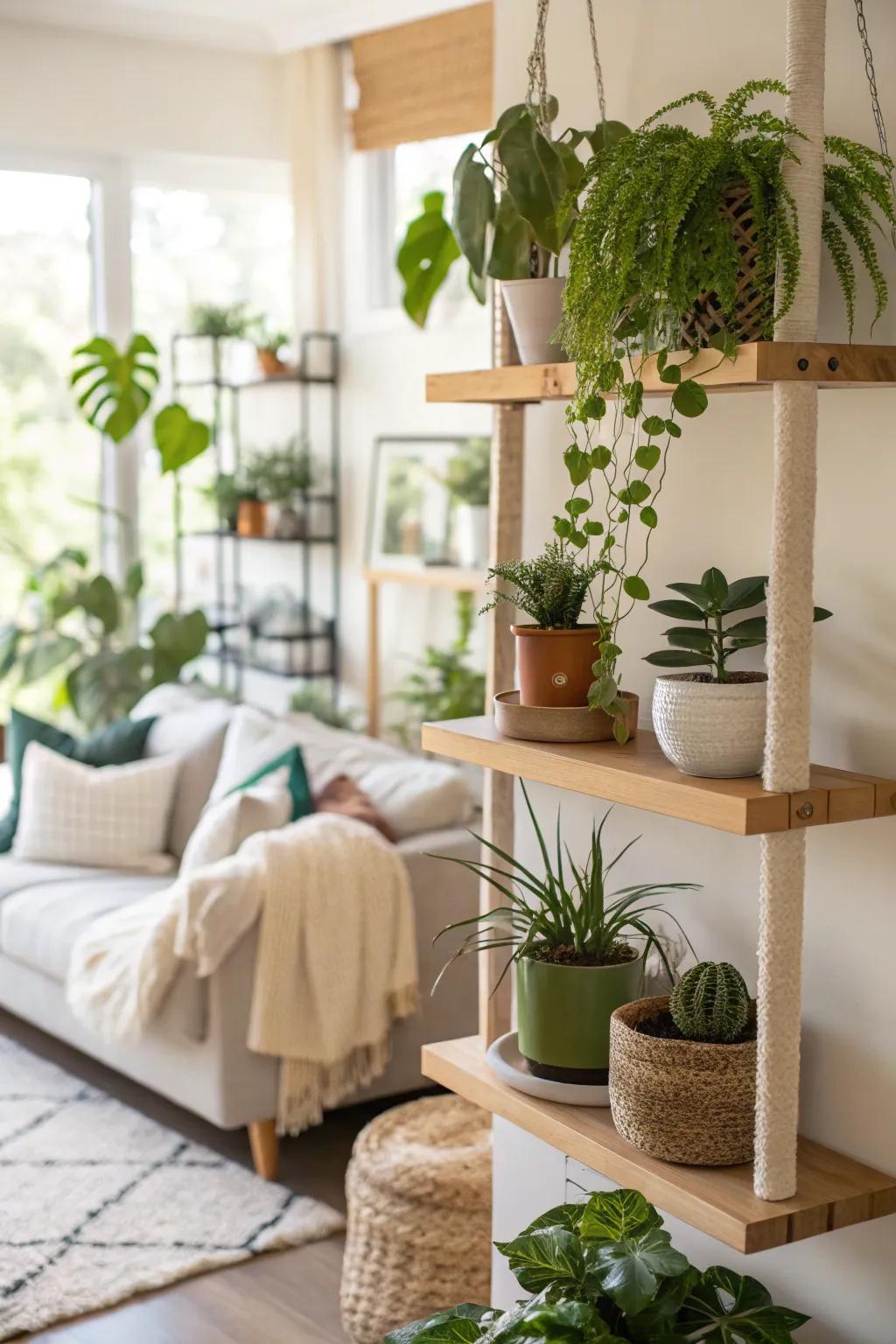 Floating shelves decorated with vibrant greenery