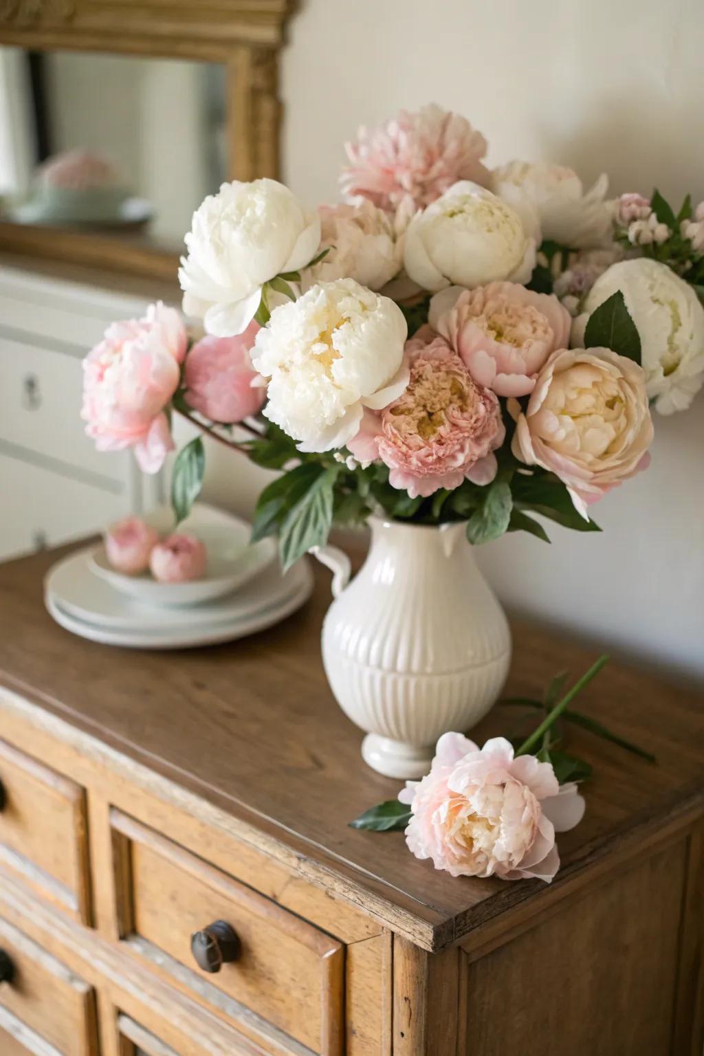 An enchanting pastel peony setup with mellow hues.