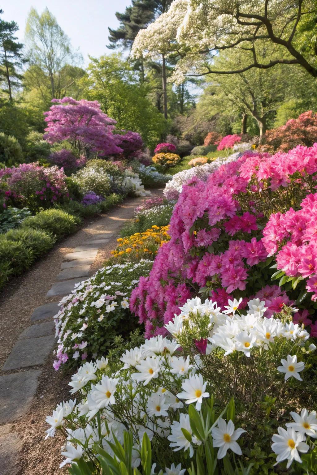 Create a variety of hues by blending different flowering bush types.