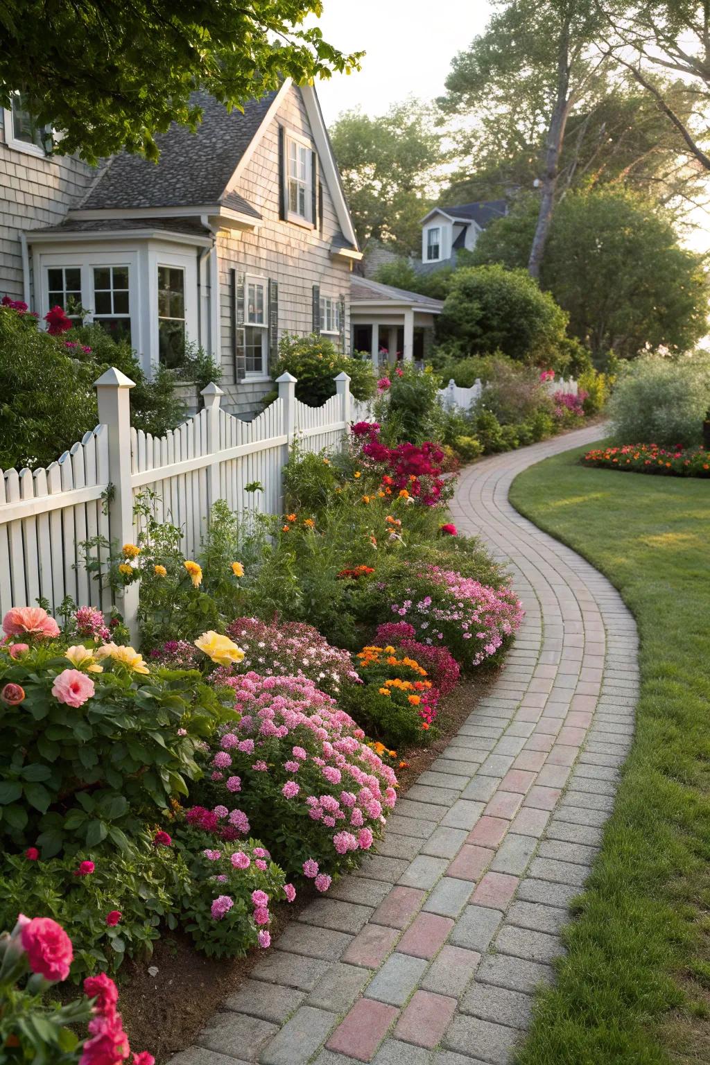 A charming garden pathway bordered by colorful flowers, creating a whimsical flow.