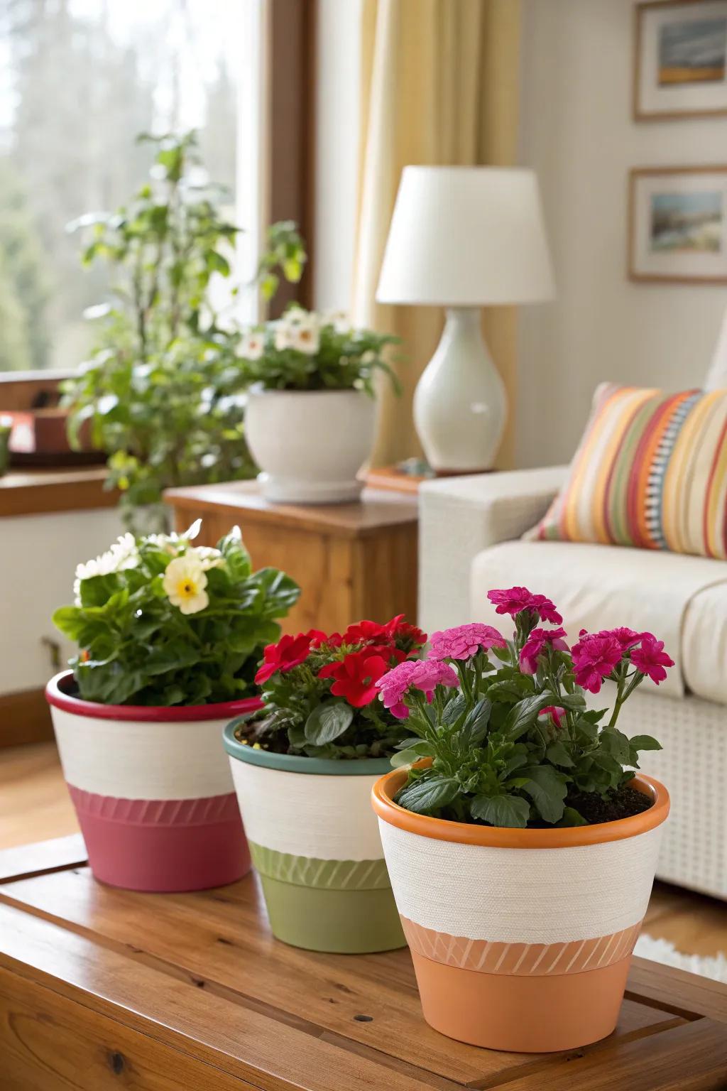 Coordinated flower pots creating an appealing, united impression.