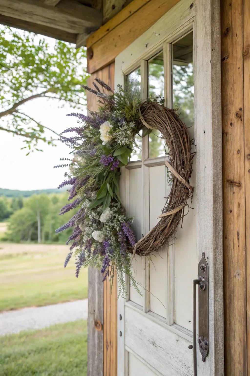 Pastoral charm with a branch and bloom wreath.