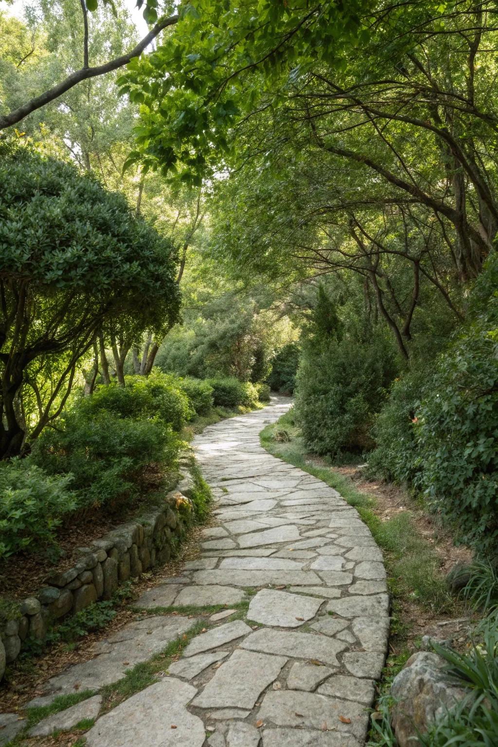 Curving stone pathway generates intrigue and a sense of exploration.