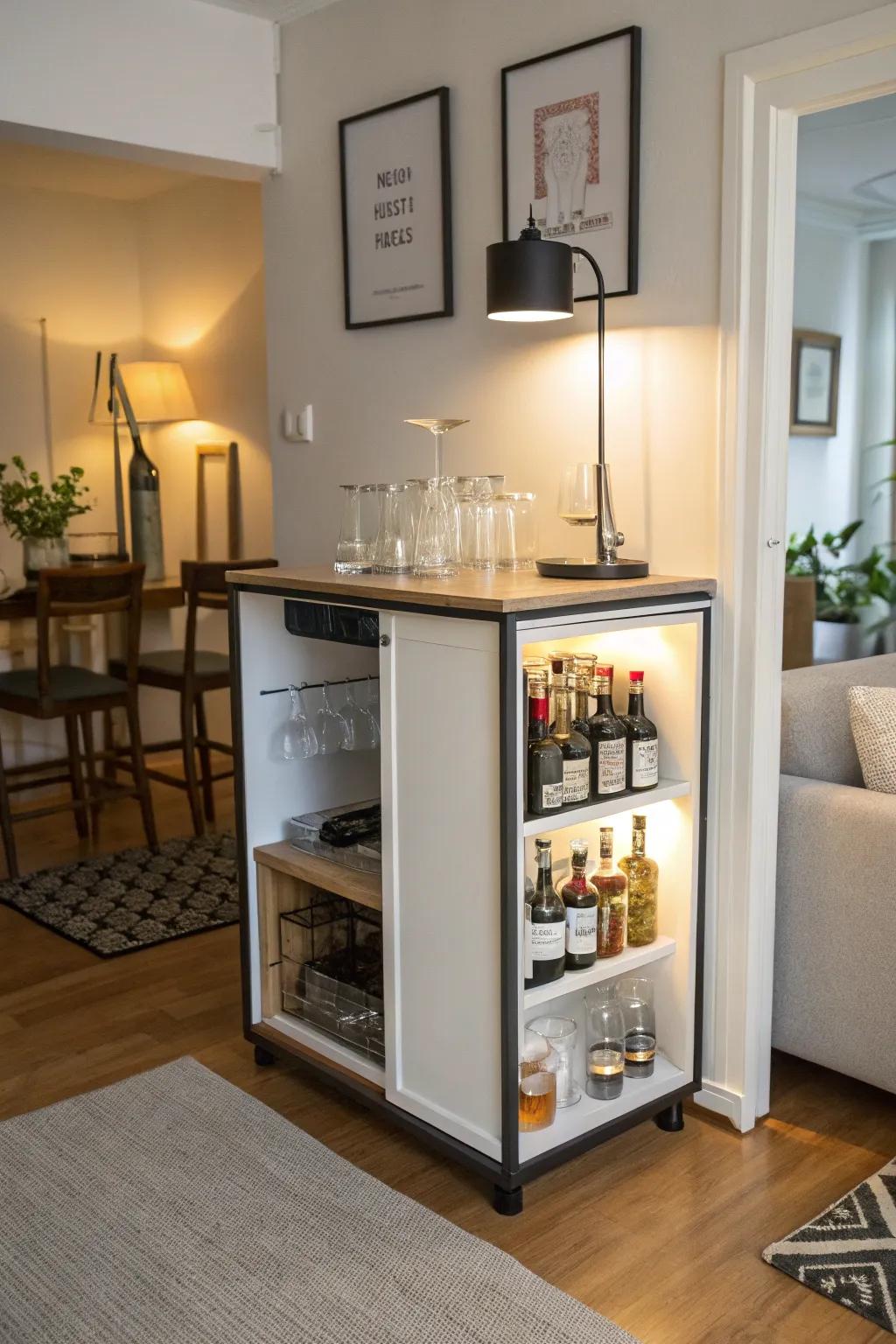 A chic compact bar that fits perfectly into a small apartment corner.