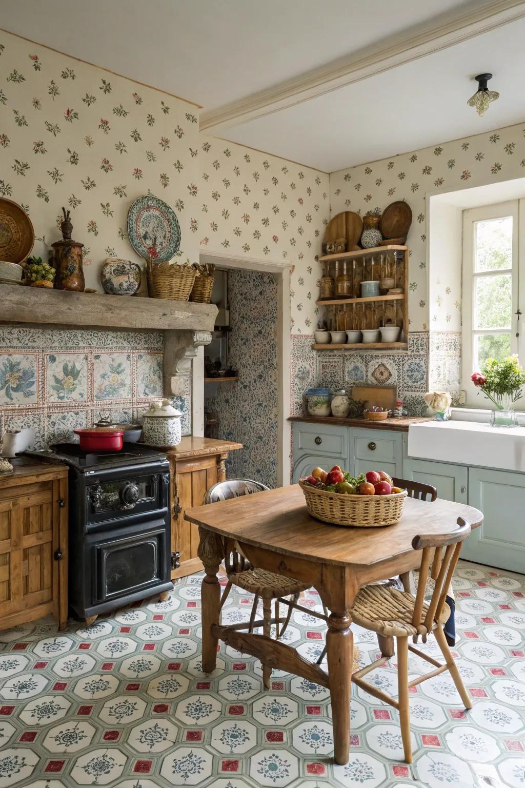 A harmonious mix of patterns in a French country kitchen.