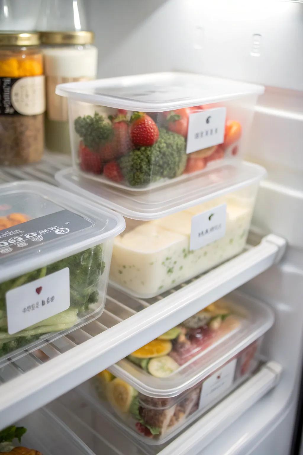 Labeled containers help keep the fridge organized and efficient.
