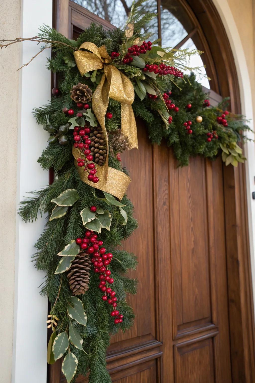 Touches of red and gold deliver a celebratory essence to your front door garland.
