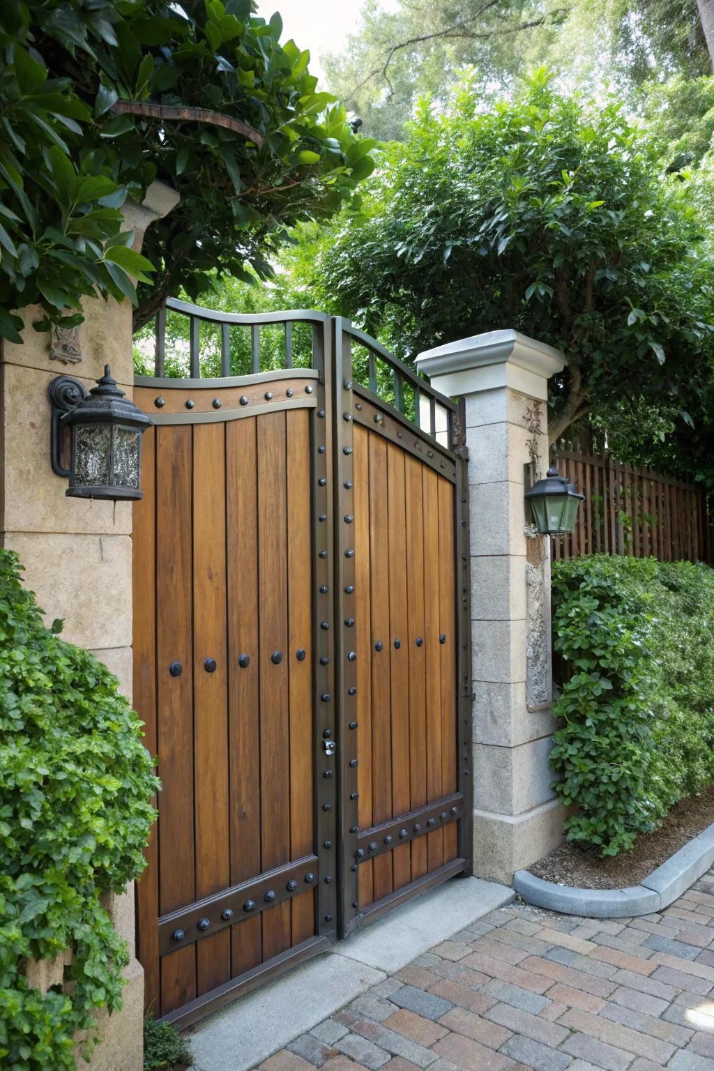 Wood and metal combine for a stylish and durable gate.