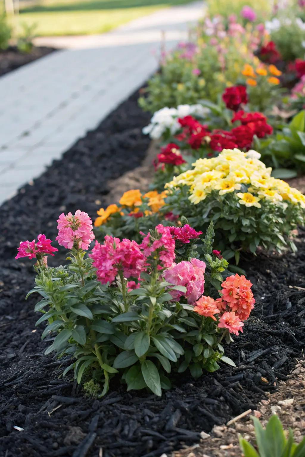 Allow your flowers to stand out against the striking foundation of dark ground cover.