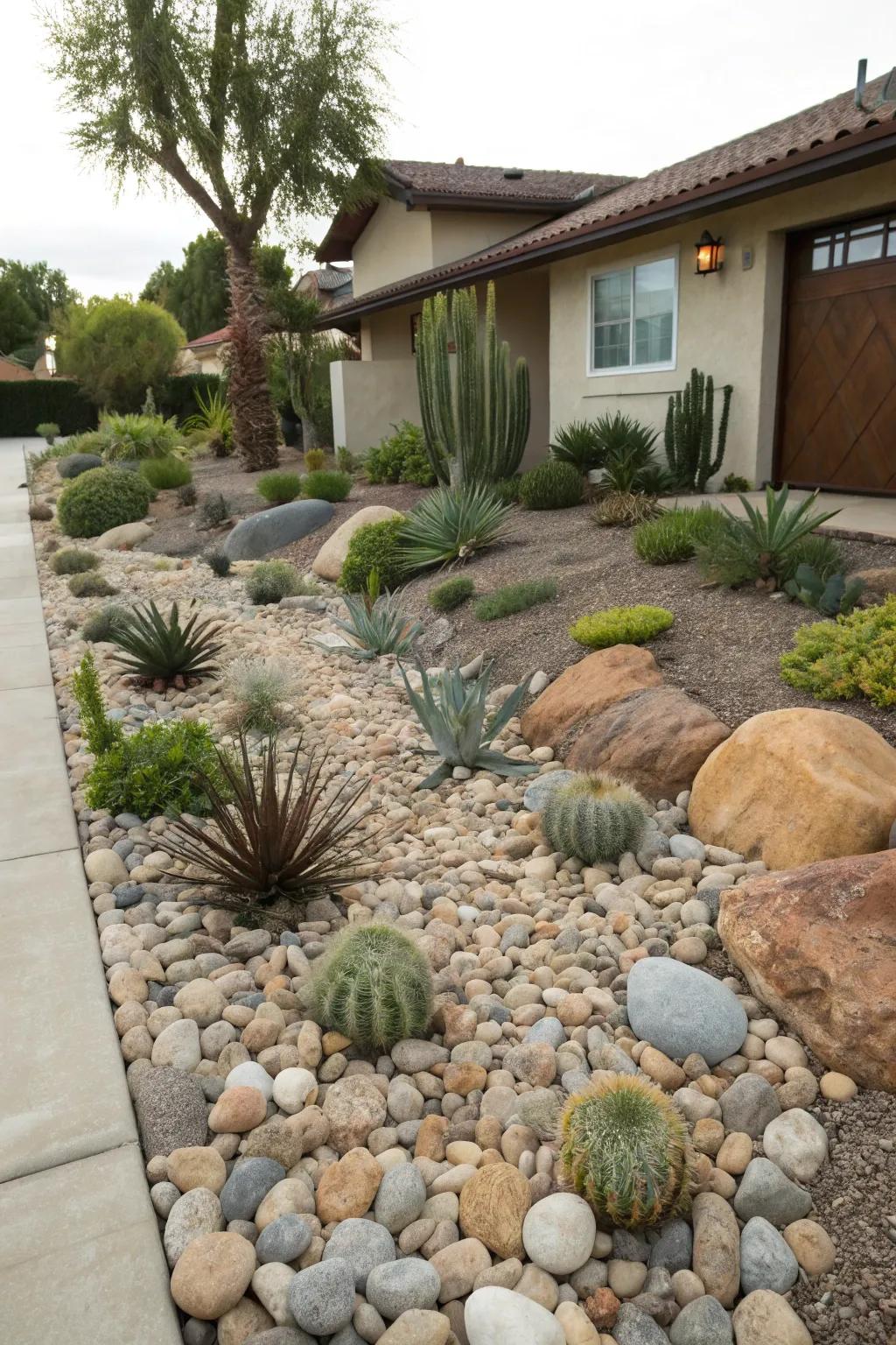 A river rock front yard without grass is both ecologically sound and stylish.
