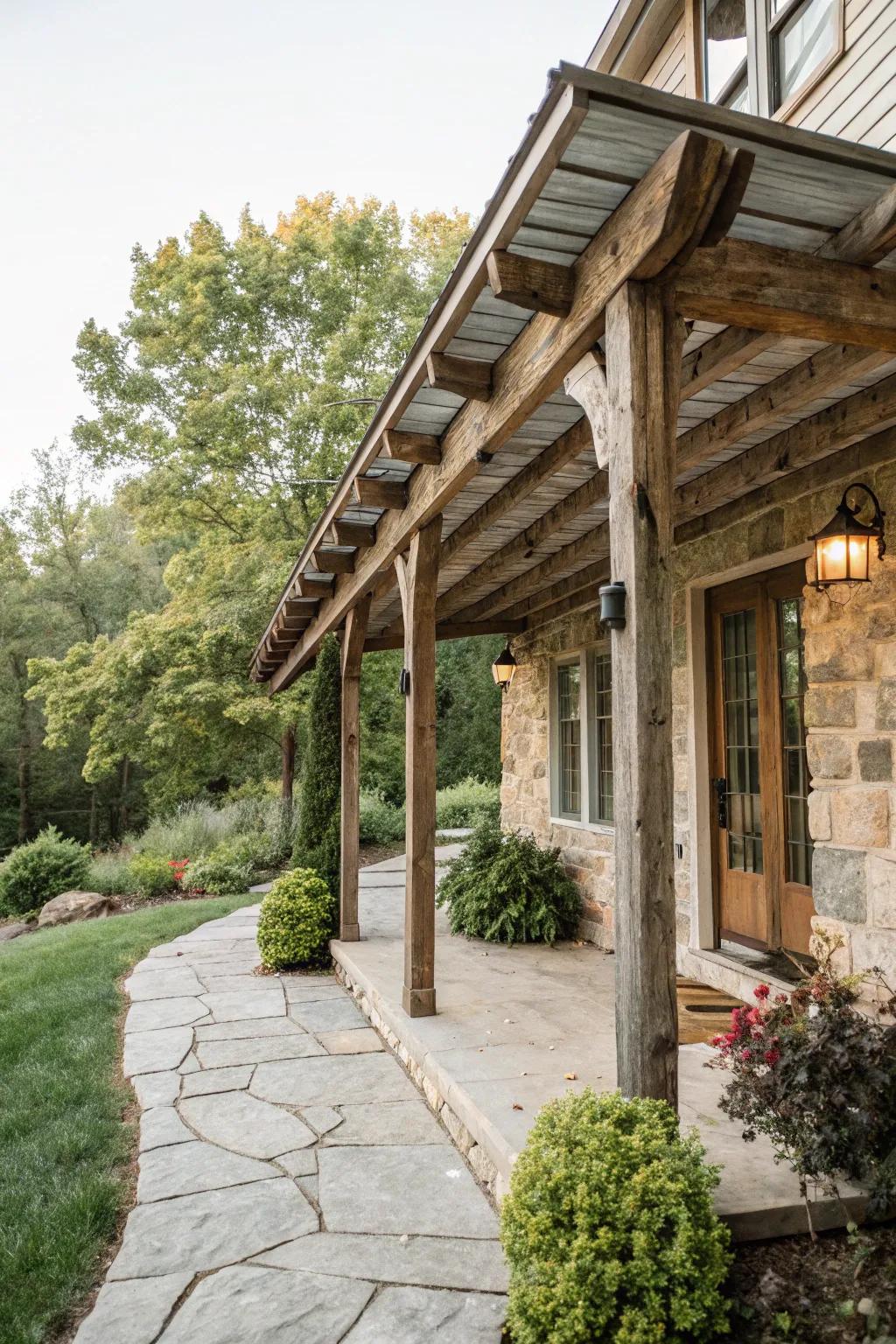 Raw timber overhangs infuse a dash of nature into your porch.