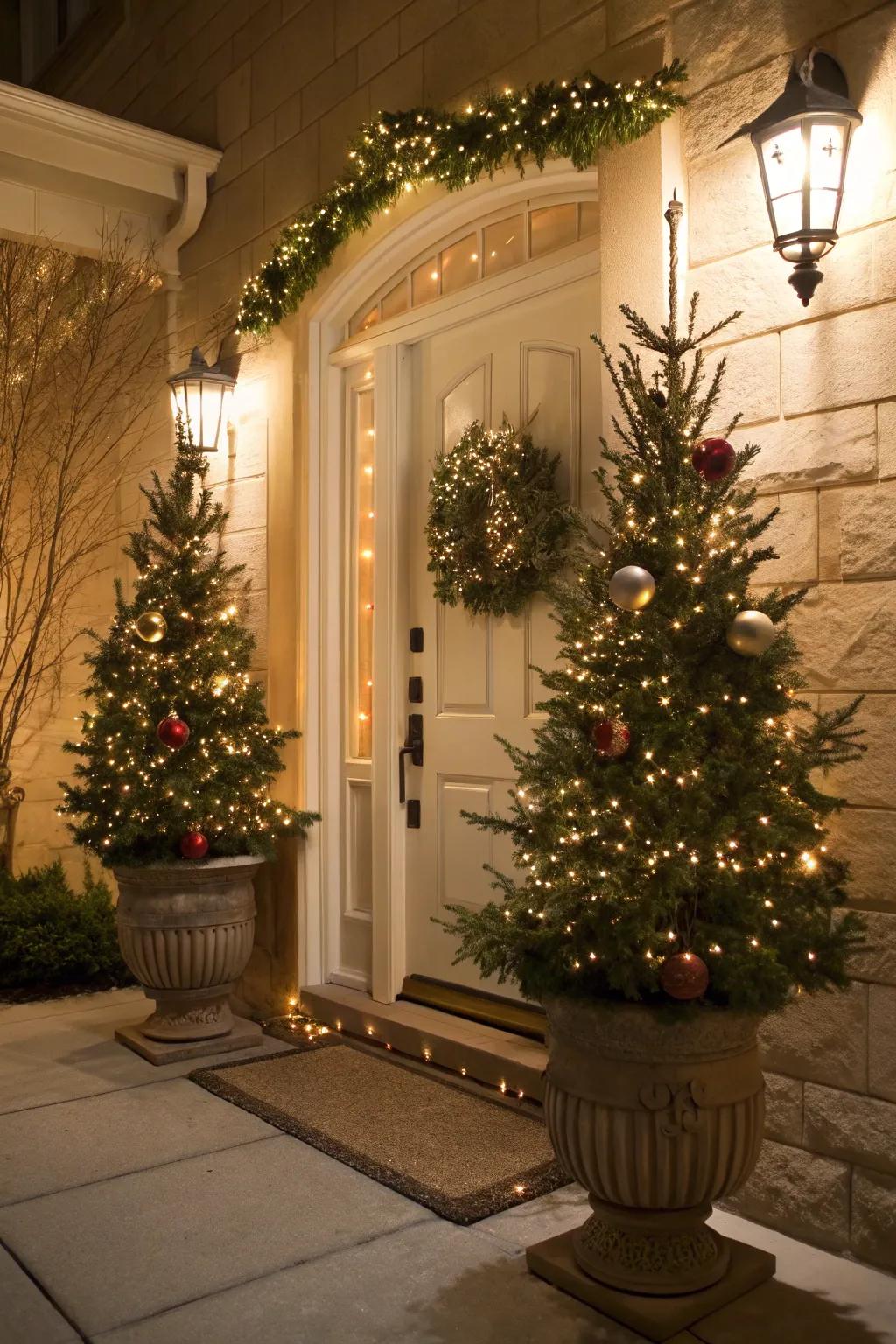 Miniature Seasonal Firs in Vessels fashion a festive entrance.