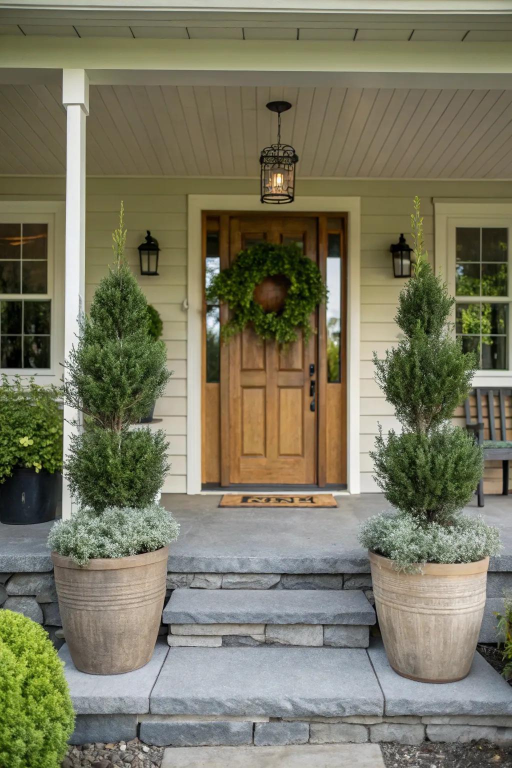 A serene front porch design boasting symmetrical floral placements.