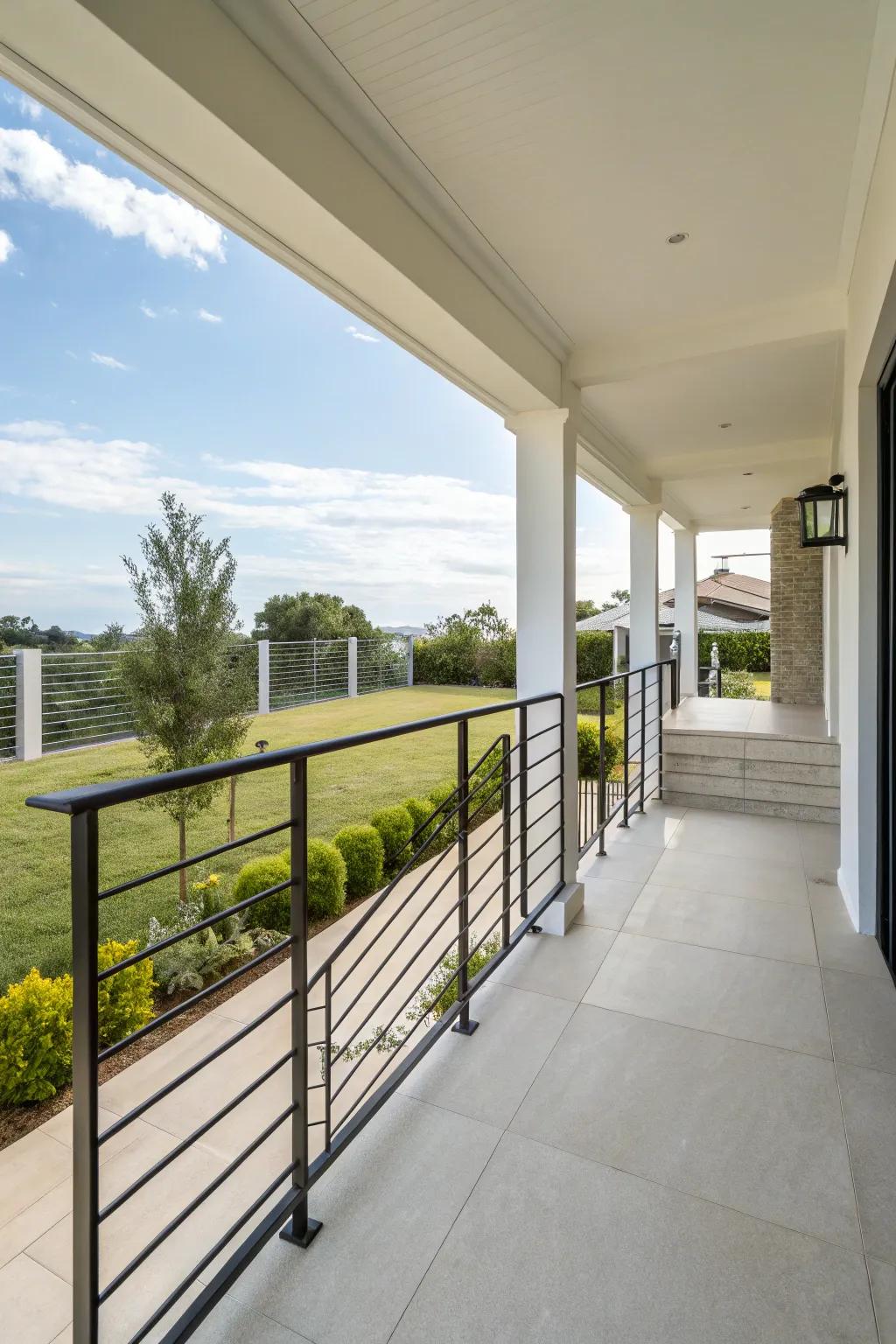 A modern porch with minimalist wrought iron railings for a contemporary touch.