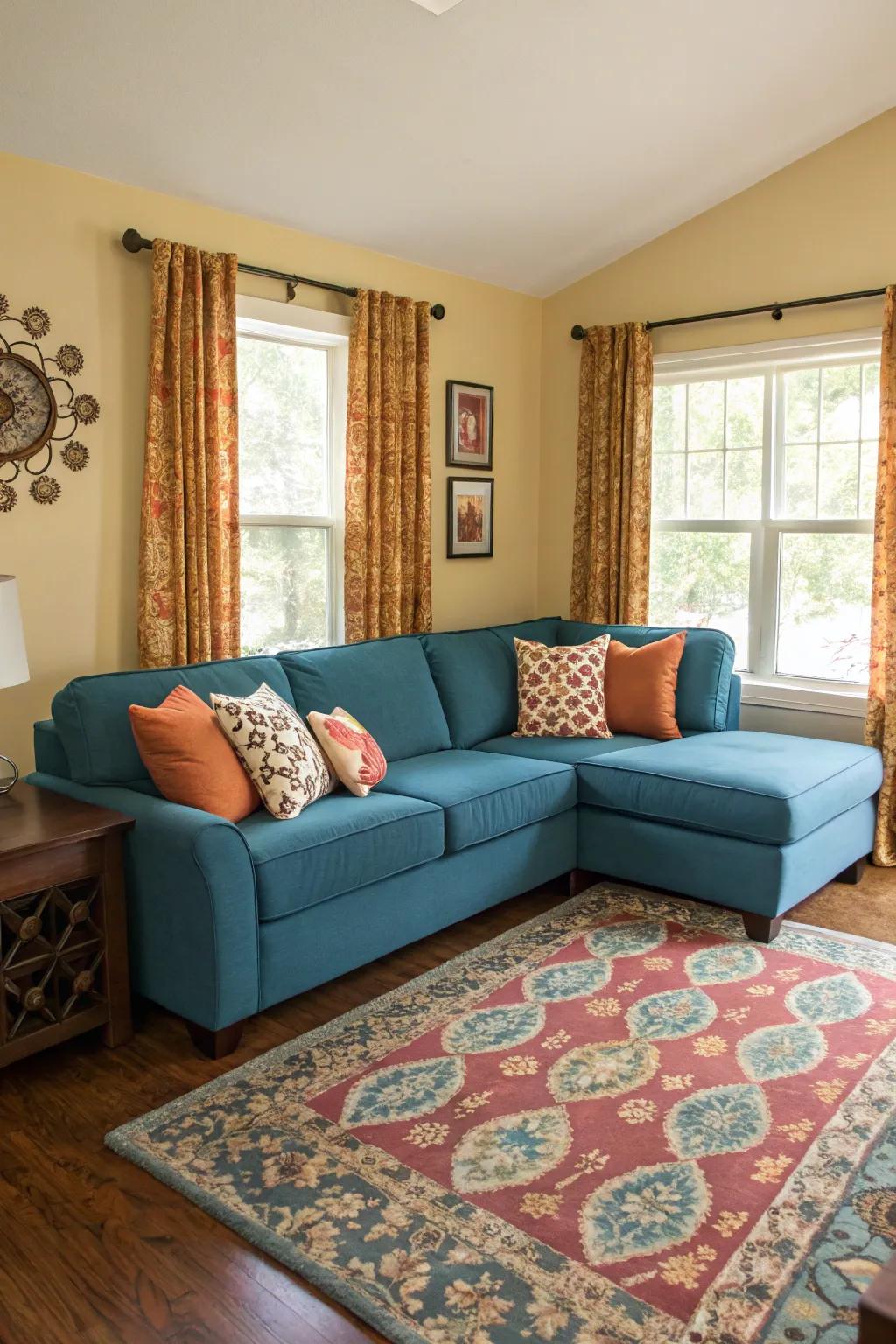 A bold sectional sofa serves as the centerpiece of a stylish and inviting front room.