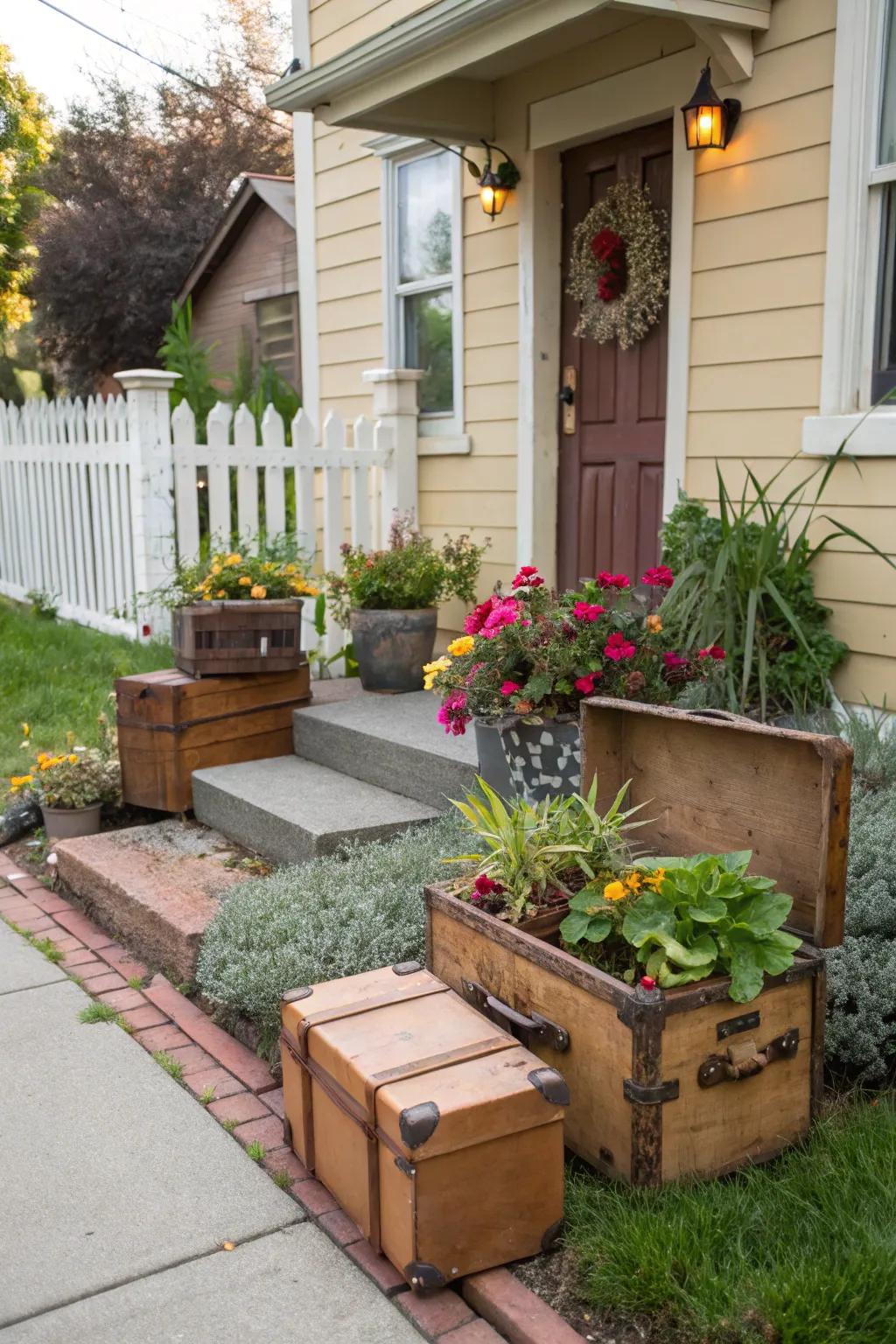Unique containers like vintage suitcases add charm to this garden.