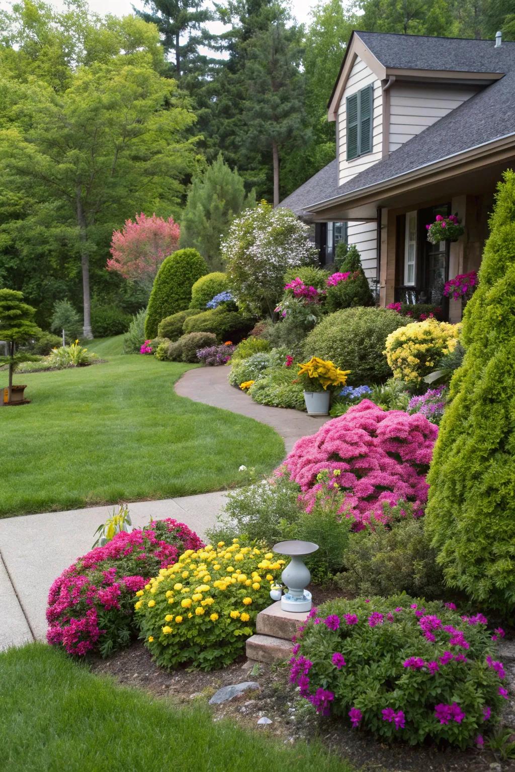 Evergreens and seasonal blooms compose a breathtaking contrast.