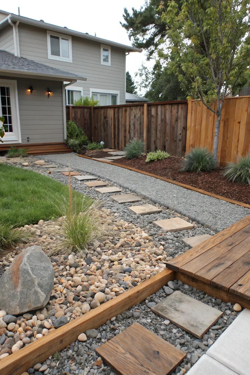 Mixed gravel textures and wooden elements provide a striking contrast.