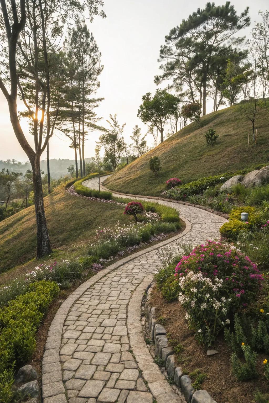 Stone pathways establish a natural flow through your front yard slope.