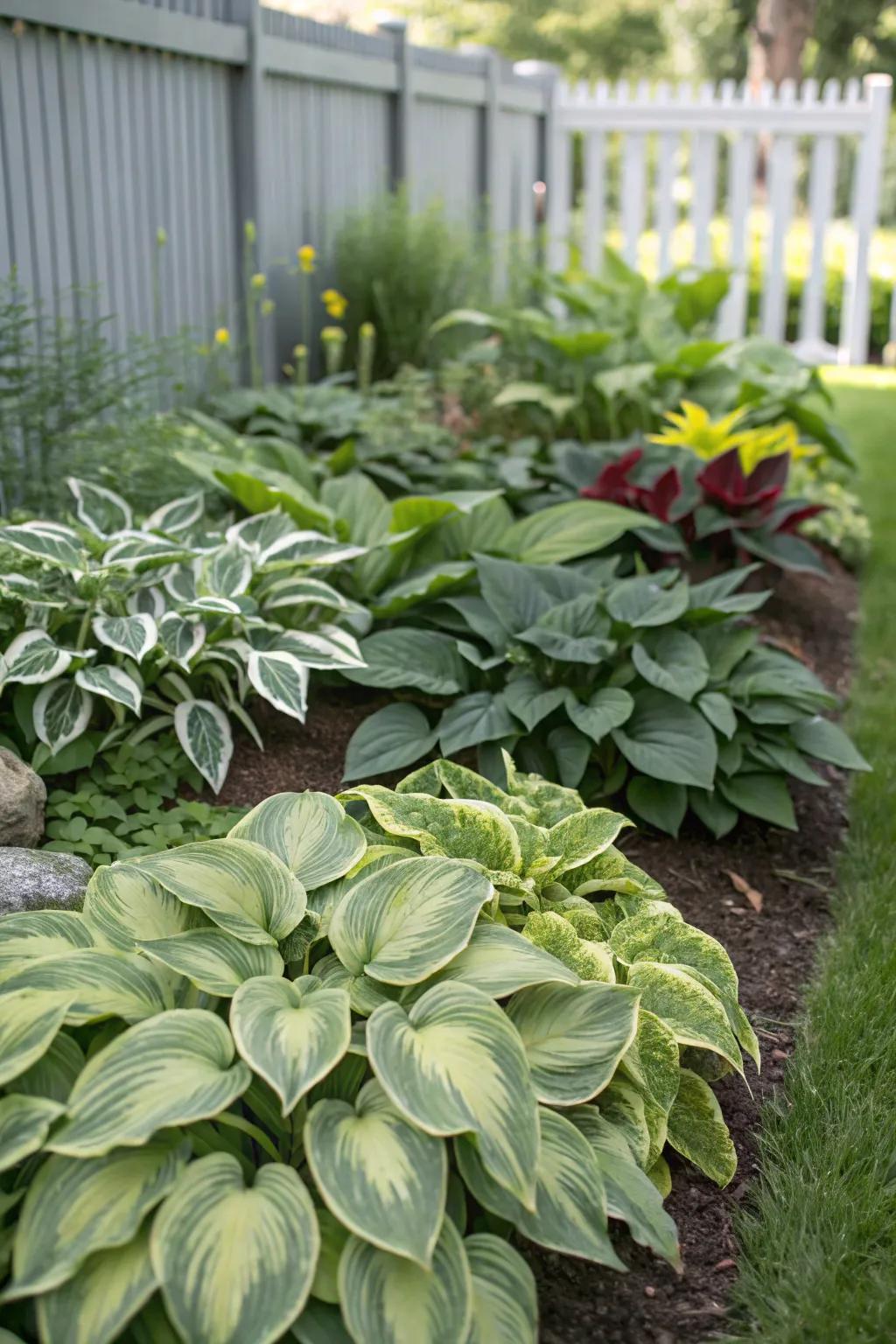 Diverse leafy glories types introduce texture and shade to the garden.