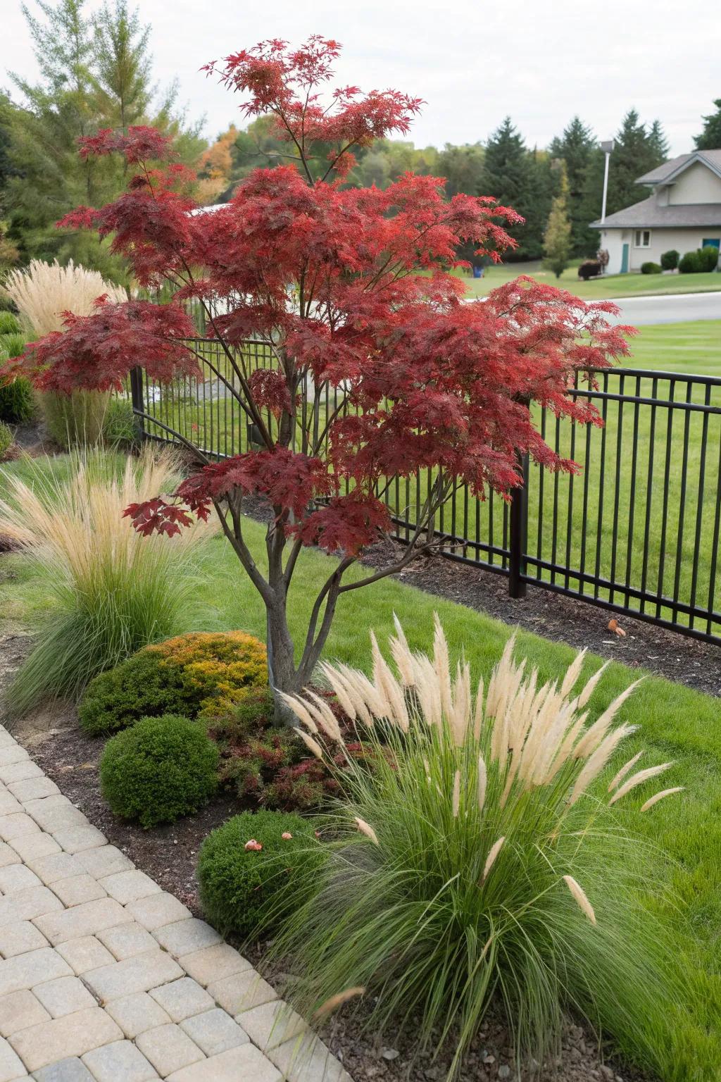 Ornamental grasses complement the structure of the Japanese maple tree, enhancing the yard's natural beauty.