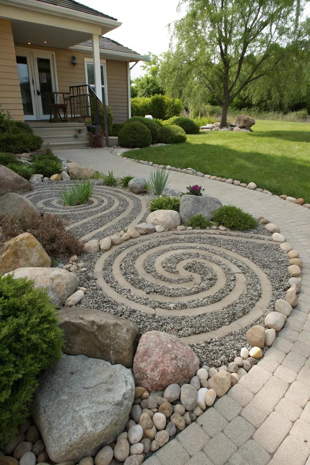 A front yard rock garden displaying a spiral decorative rock design.