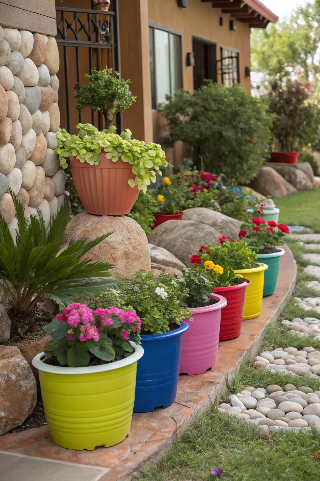 Lively potted plants breathe life into a yard filled with rocks.