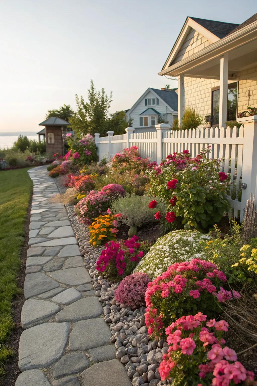 Bright flowers line the walkway, adding joy and vibrancy.