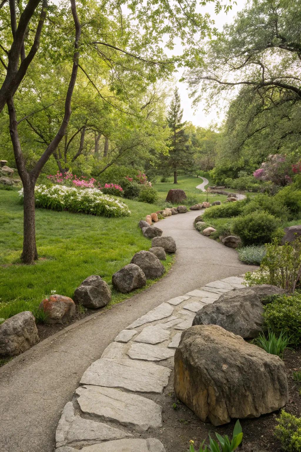 A welcoming garden path flanked by natural stone accents.