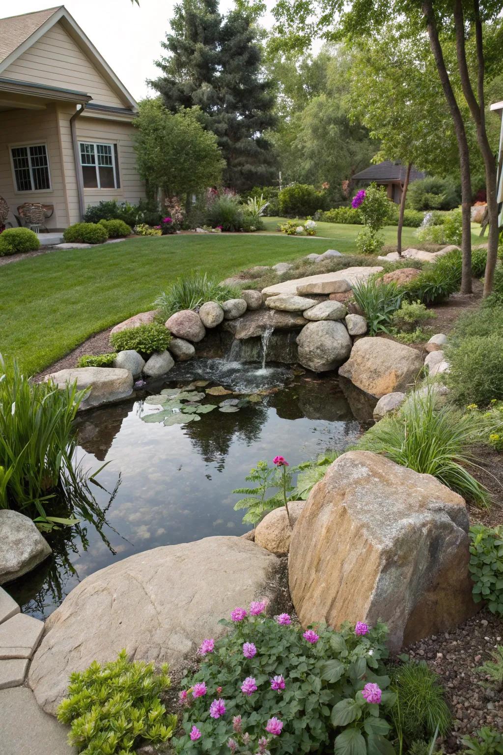 Enhance your landscape with a tranquil water feature using large rocks.