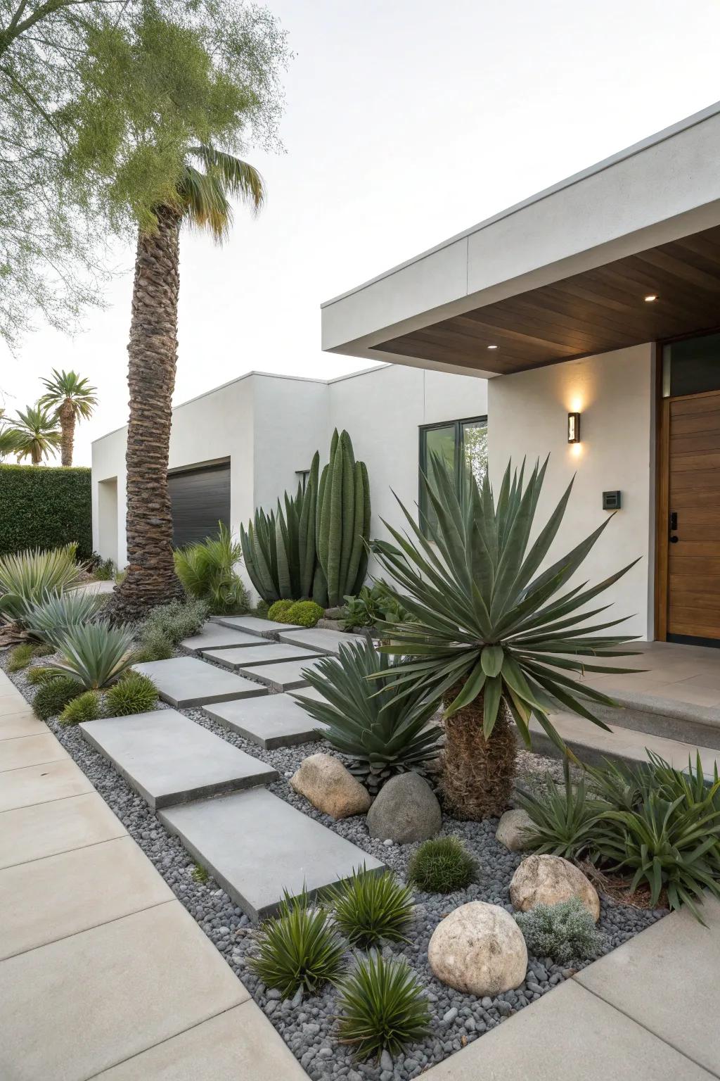 Sculptural flora like yucca and agave contribute elevation and drama to contemporary landscaping.
