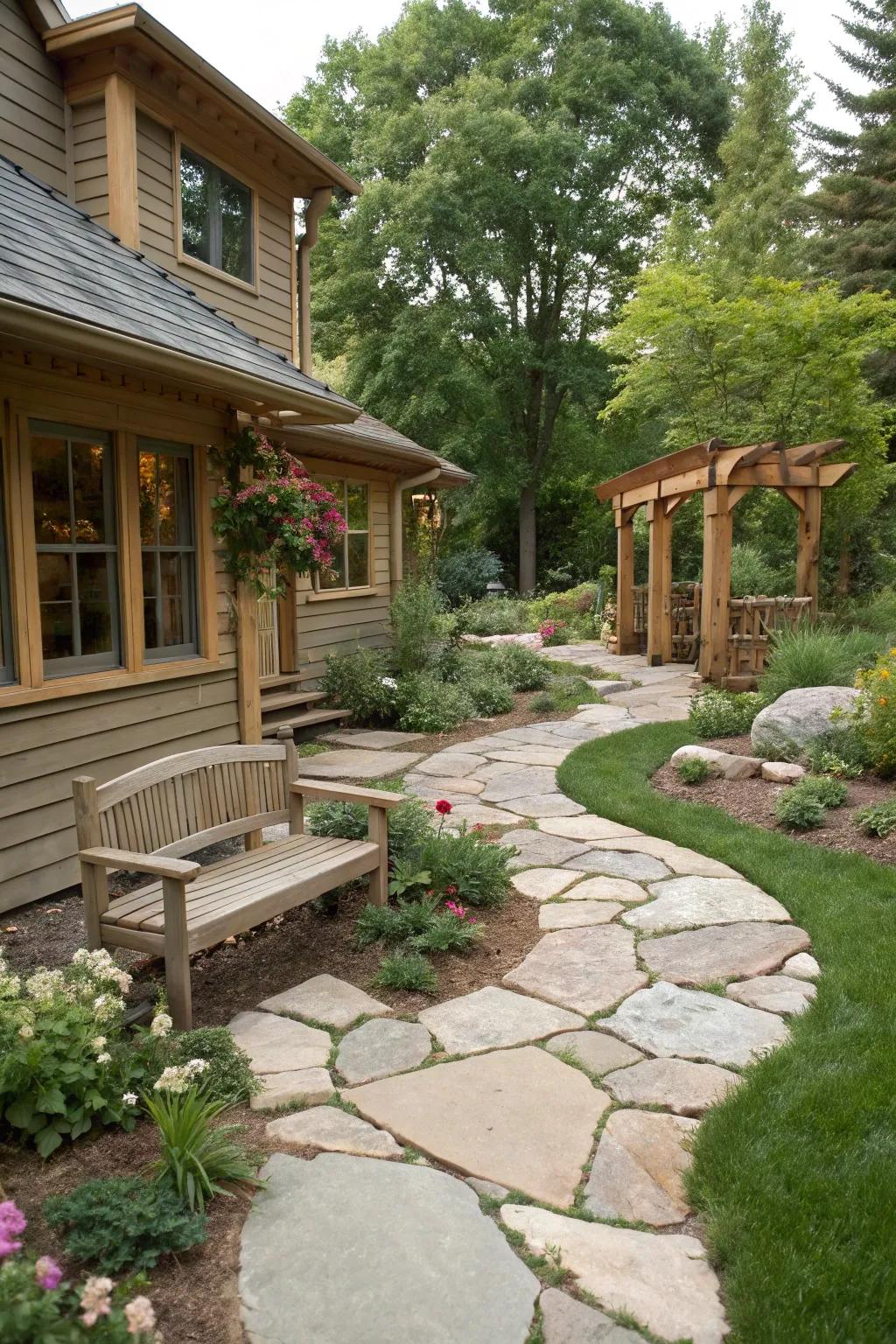 Natural stone pathways that amplify the curb appeal of a ranch-style home