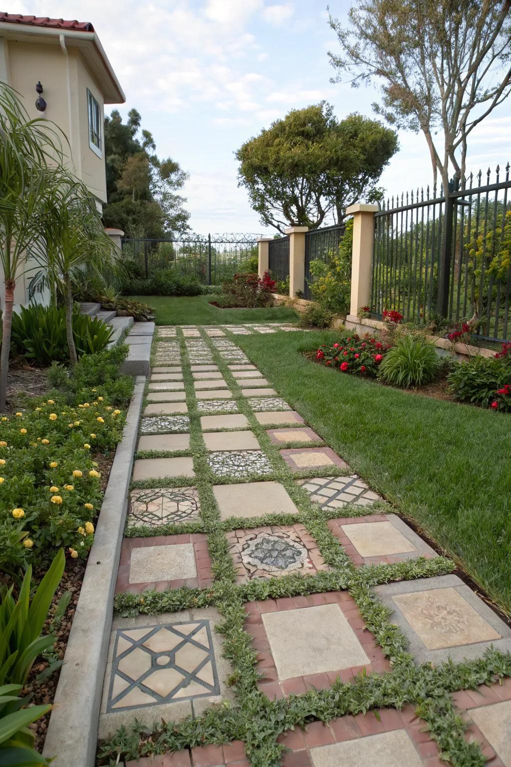 Patterned pavers add style and texture to a front yard walkway.