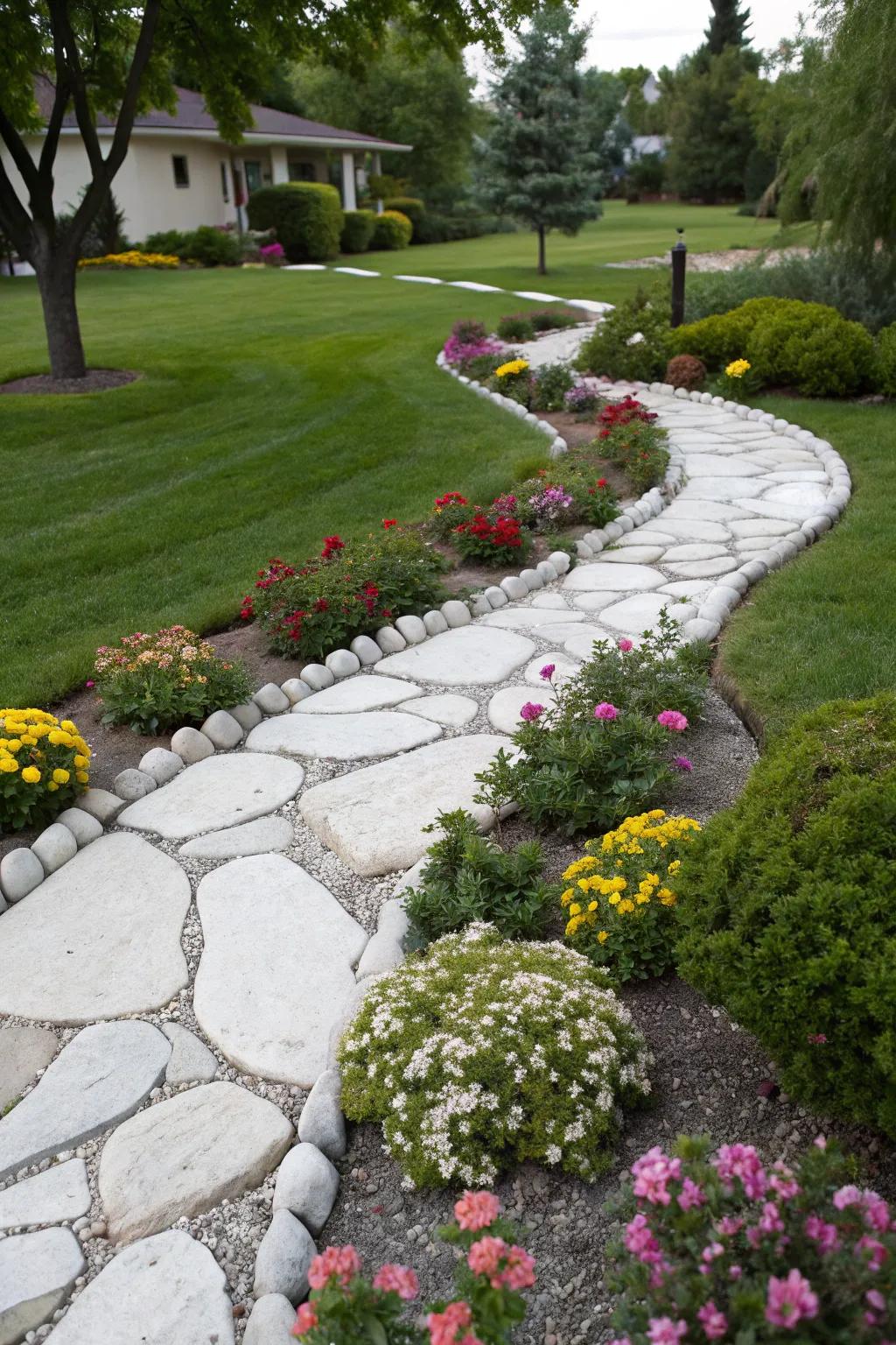 A white rock pathway adds elegance and accessibility to a garden space.