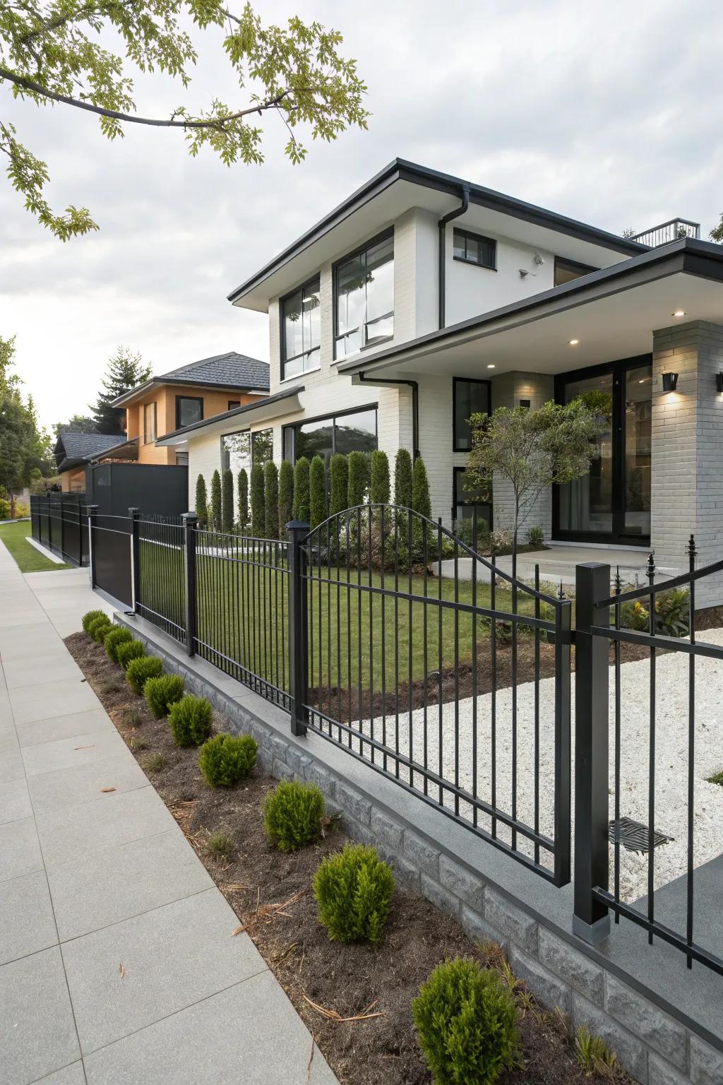 A minimalist forged metal barrier featuring clean lines framing a modern residence.