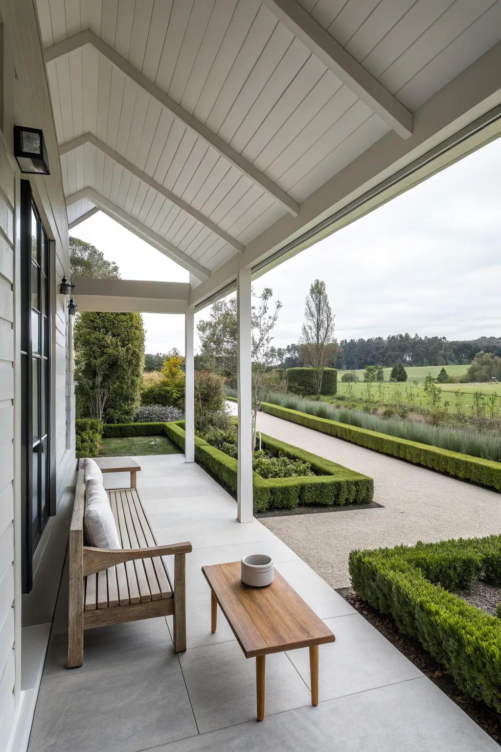 A modern gable roof porch, a haven of simple grace and uncluttered beauty.