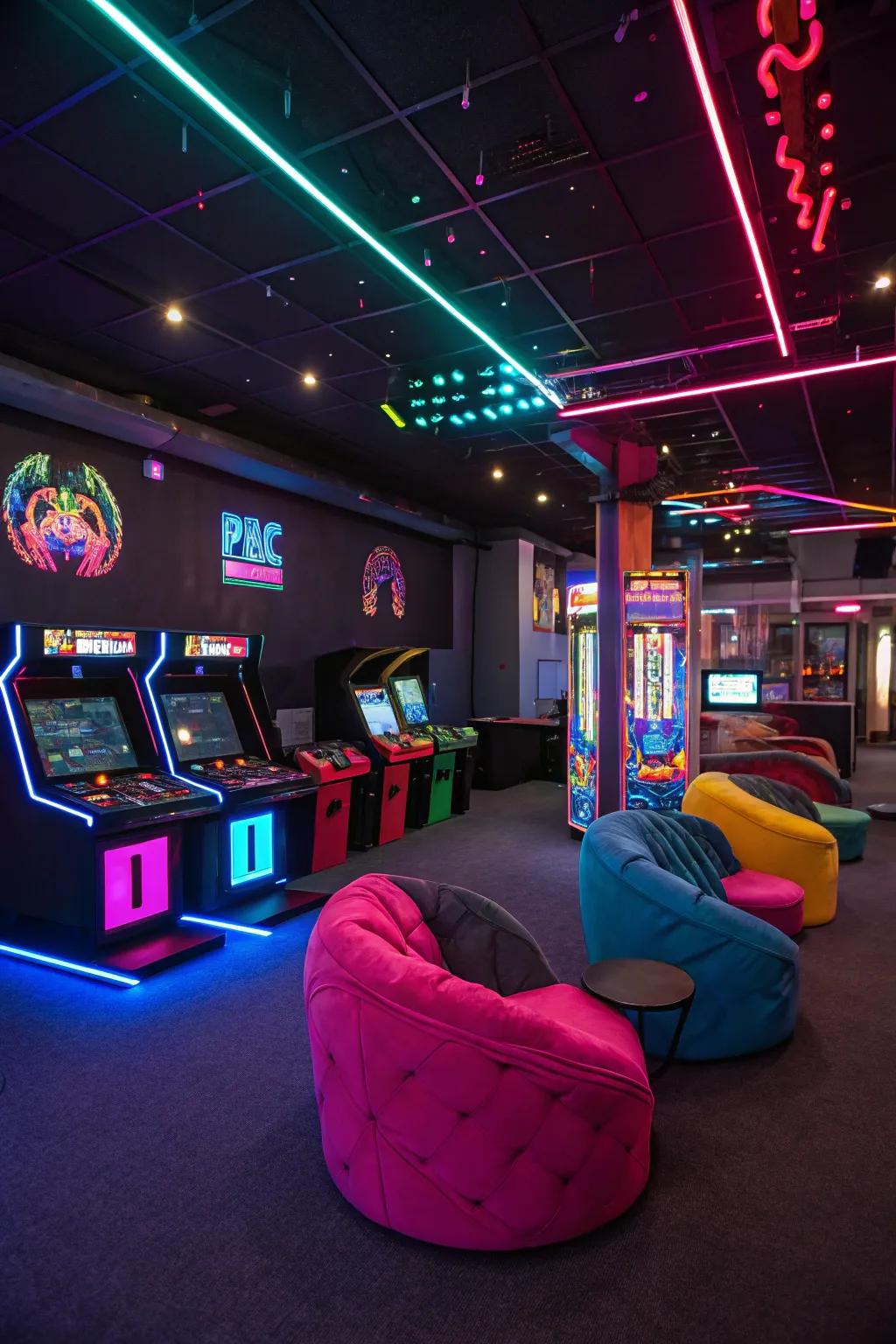 Neon accents give a burst of vibrancy, energizing your game room.