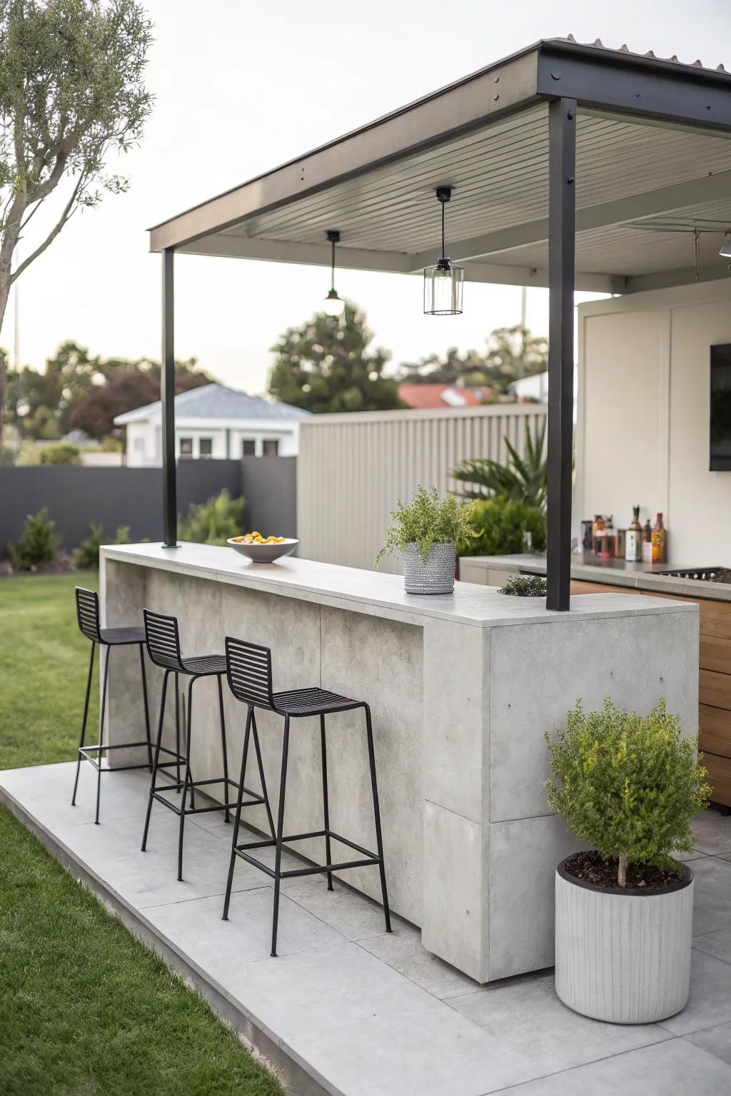 A sleek and modern minimalist garden bar.