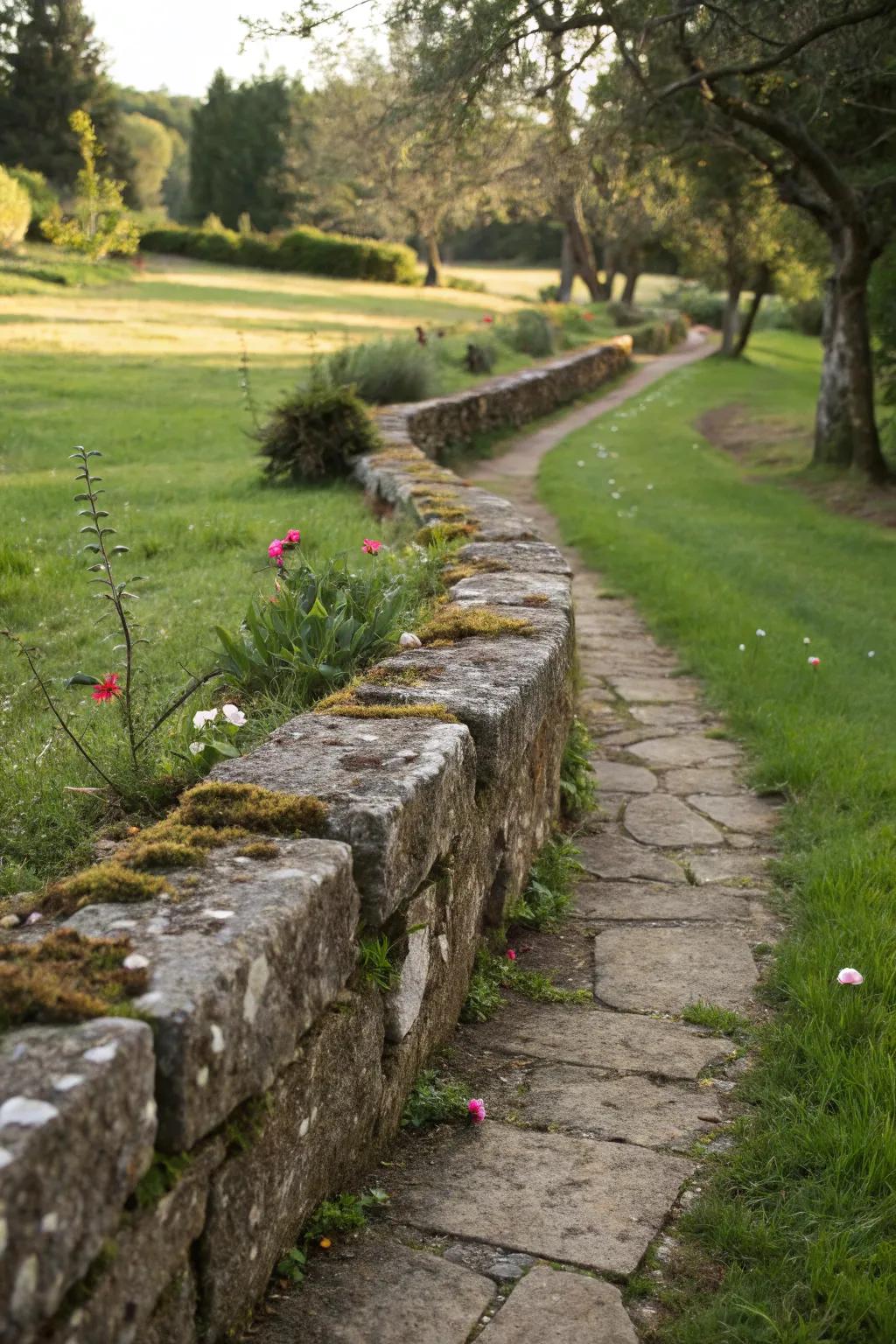 Natural stone edging crafts a rustic and enduring garden aesthetic.