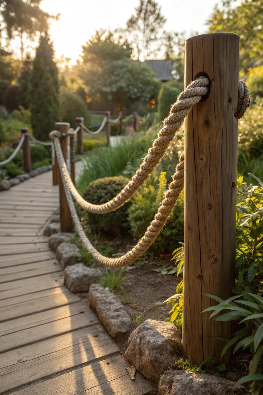 Embrace coastal charm with rustic rope railings for your garden.