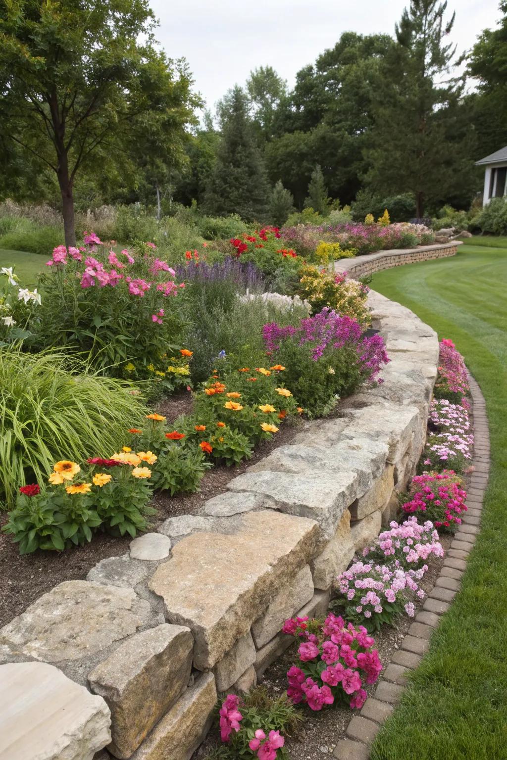 Stone boundaries delivering a pristine border to a vibrant garden plot.