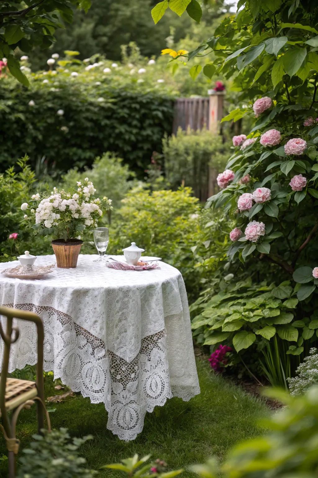 Lace tablecloths create a romantic and elegant atmosphere.