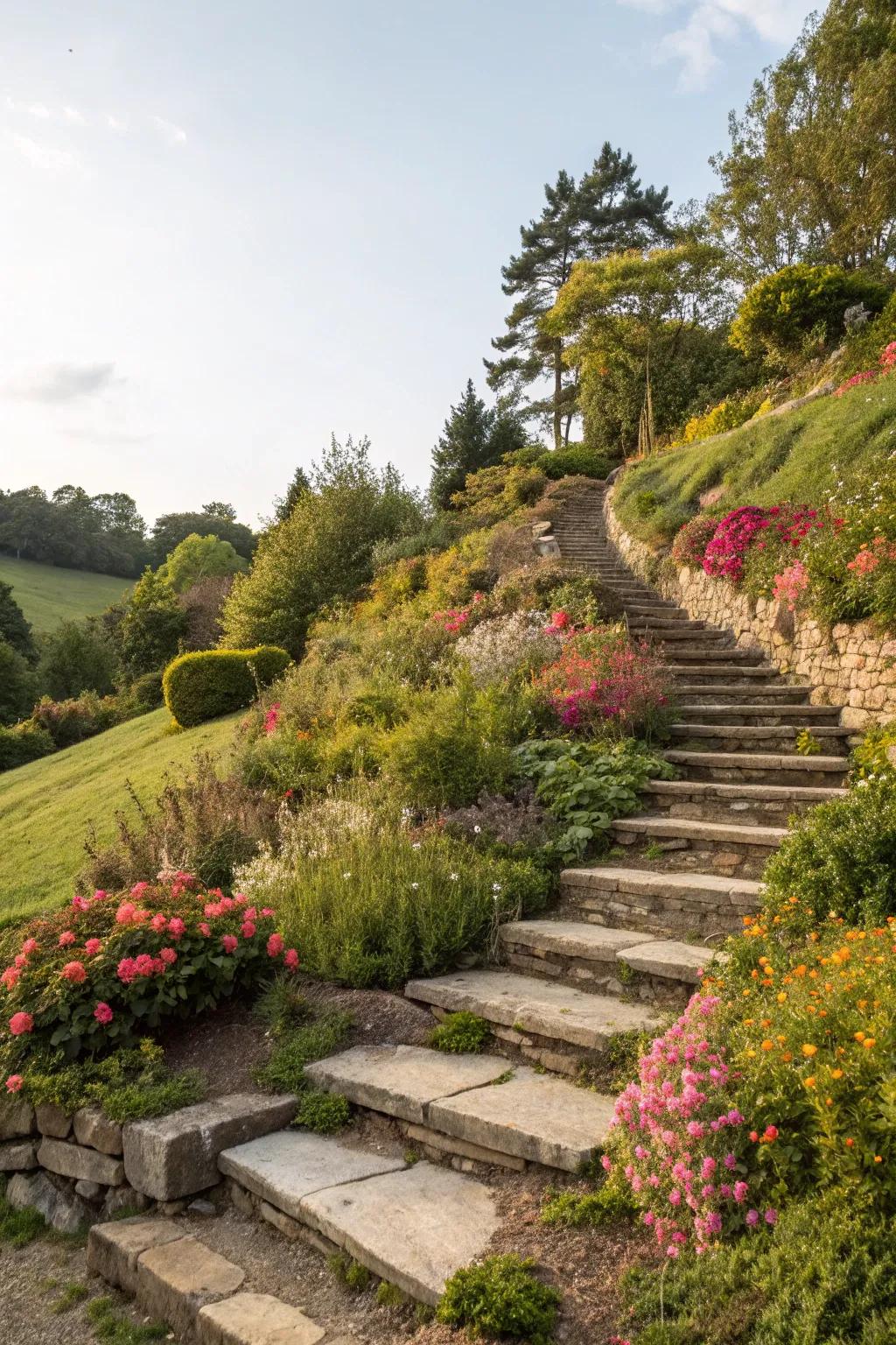 Stairways smoothly integrated into a garden hillside for effortless mobility and visual charm.