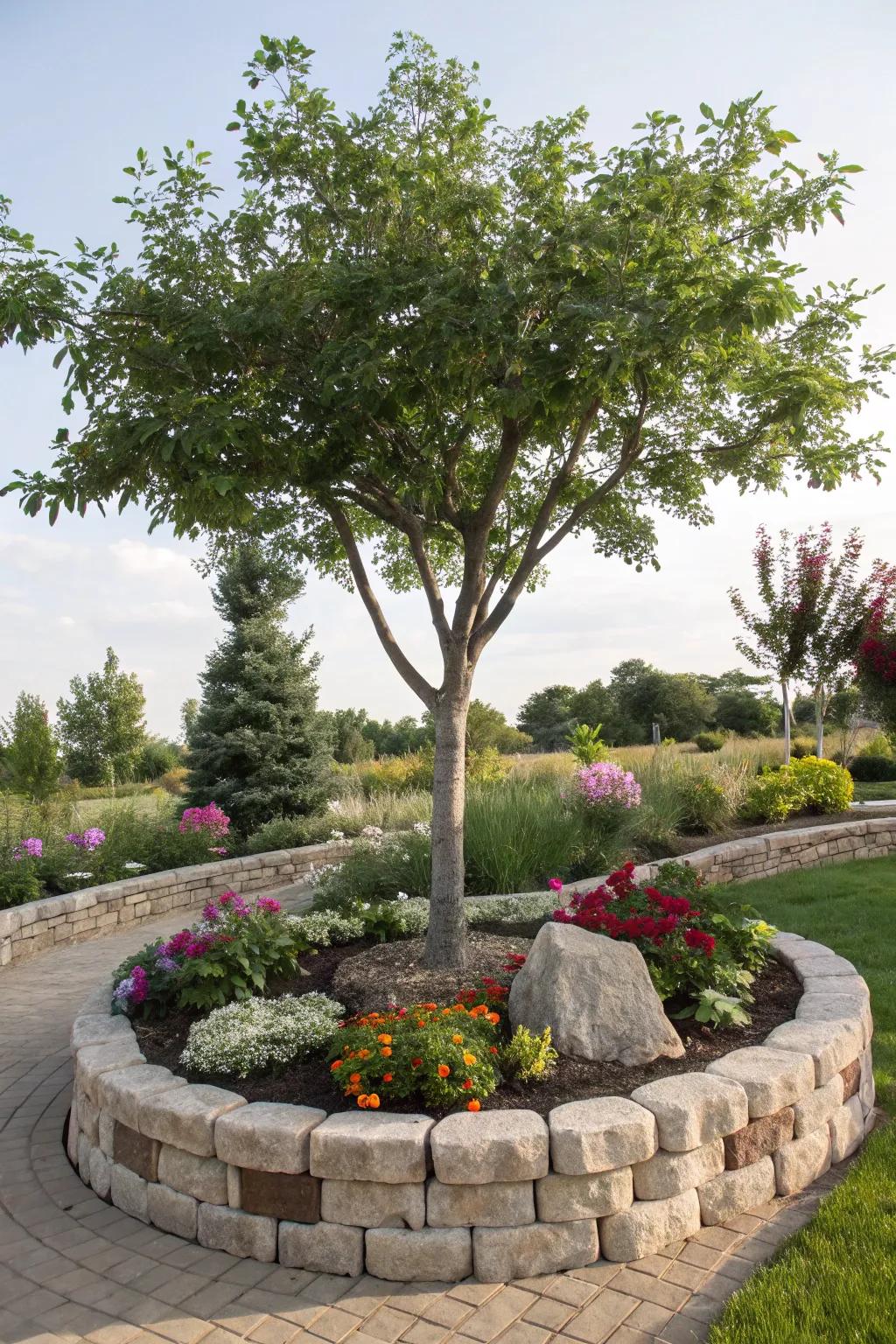 A tree elegantly framed by a decorative stone border.
